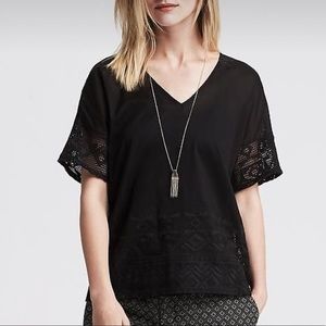 NWT Banana Republic embroidered lace eyelet short sleeve top cotton black XSP‎